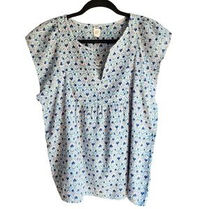 Gap Women Cottagecore Blue Floral Block Print Split Neck Cap Sleeve Top, Small
